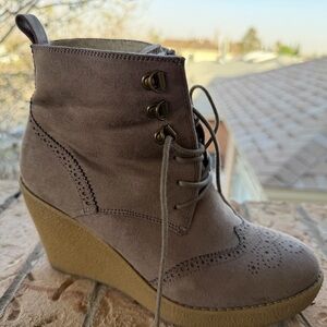 H&M Taupe Suede Lace-Up Wedge Ankle Boots